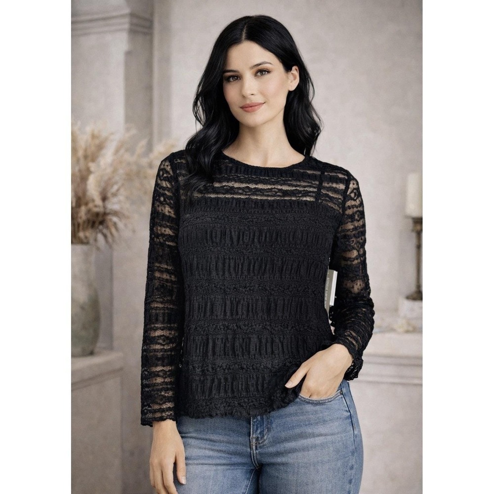 Jones New York Lace Top Womens XL Black‎ Textured Long Sleeve Romantic Goth NWT